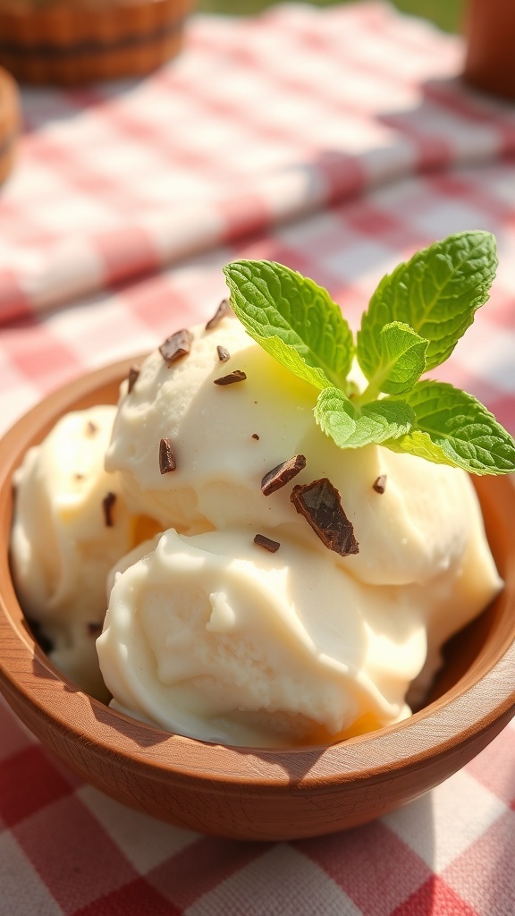 Homemade Vanilla Ice Cream Recipe A bowl of homemade vanilla ice cream with mint and chocolate shavings, set outdoors on a picnic blanket.